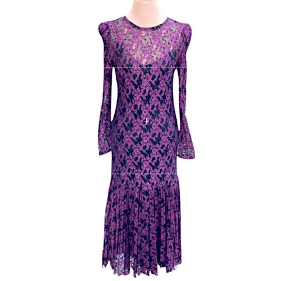 Vintage Purple & Black Lace Long Sleeve 2-Piece Dress Drop Waist Beaded Medium